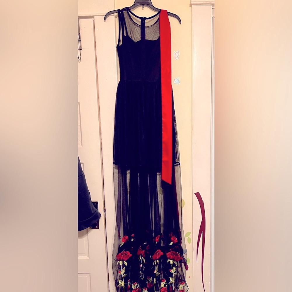 knee length dresses for ladies Black Lace Dress | Long Red Black Lace Evening Dress